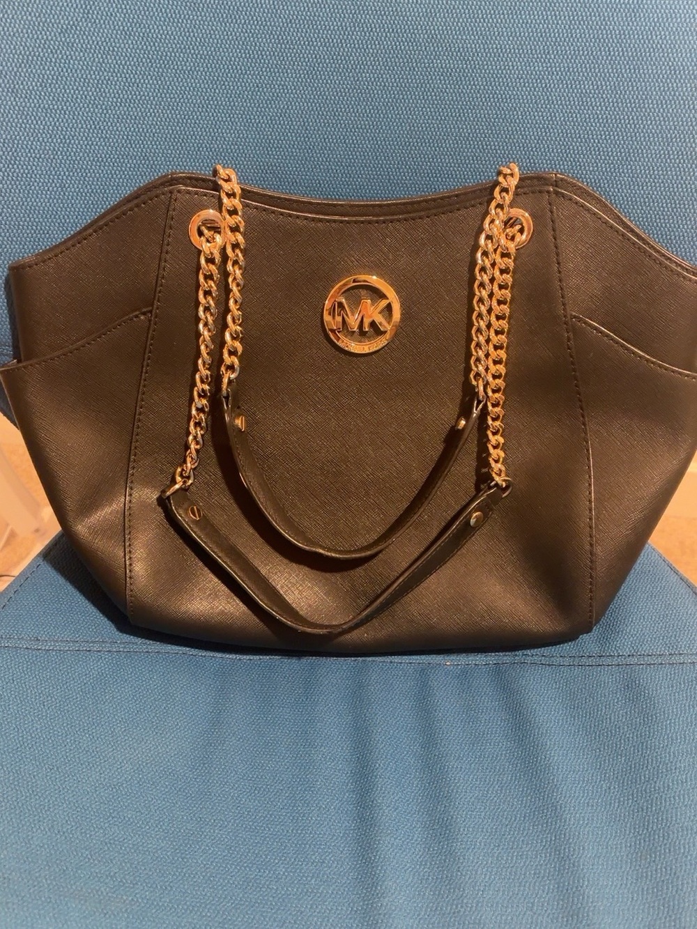 Michael Kors Black Leather Tote with Gold Chain Straps